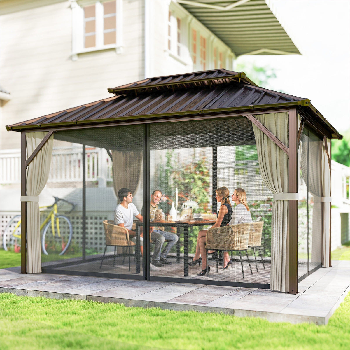 10' x 14' Hardtop Gazebo with Curtains and Netting, Brown — product view 3