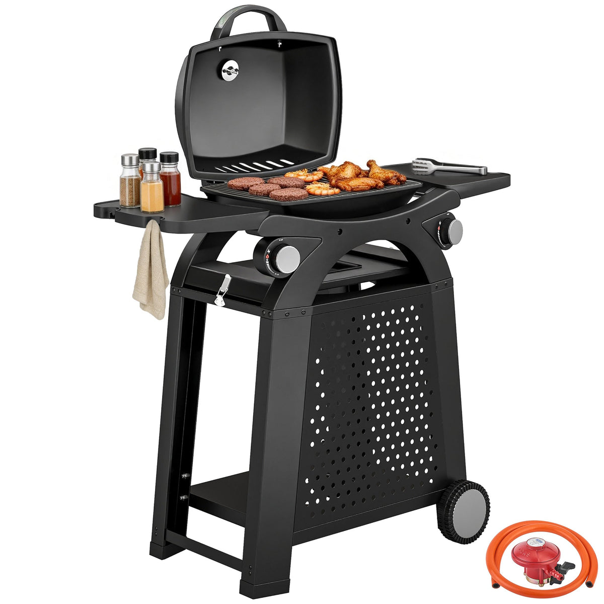 2 Burner Gas Grill with Wheels, Side Tables and Cast Iron Grates, Black — product view 1