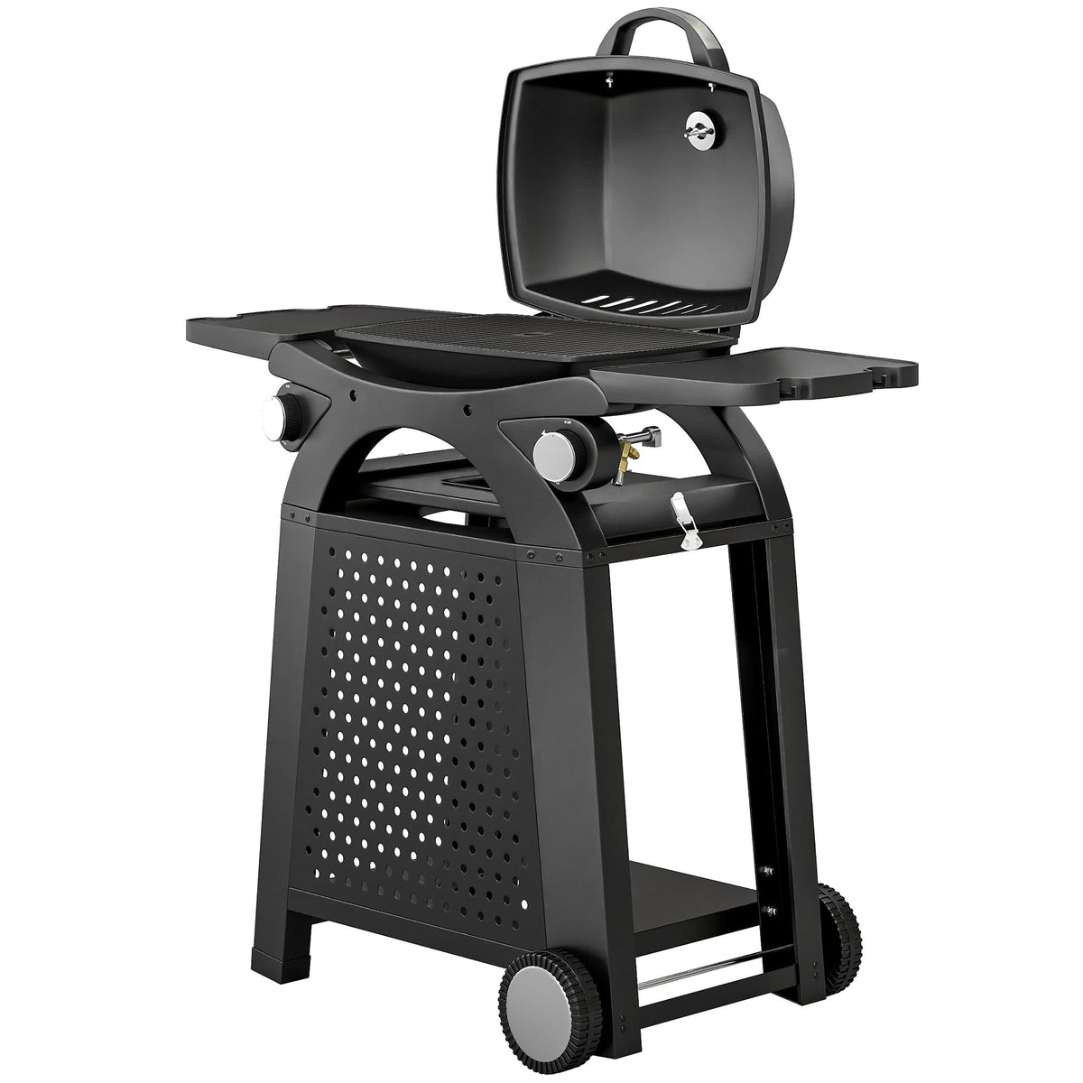 2 Burner Gas Grill with Wheels, Side Tables and Cast Iron Grates, Black — product view 2