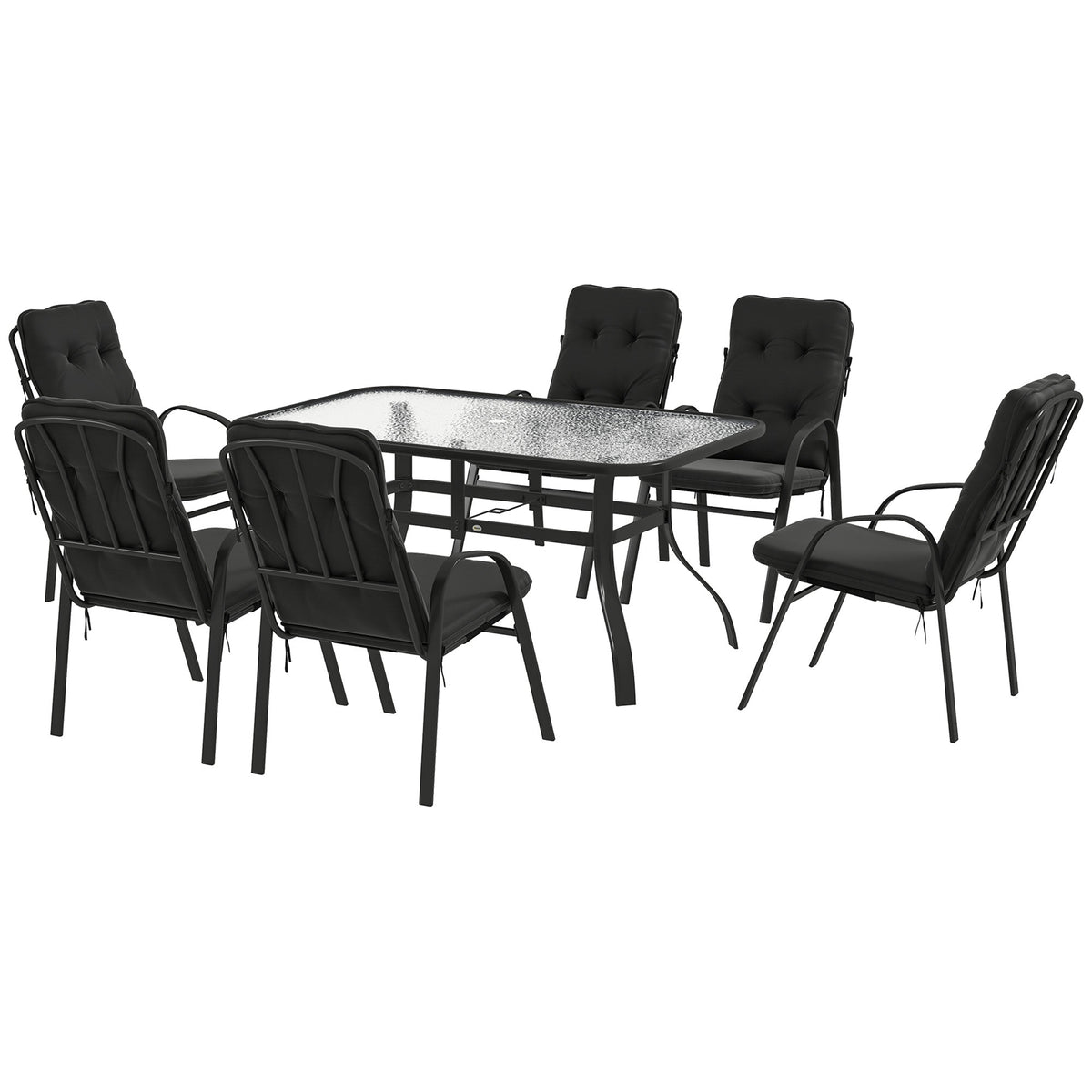 7 Piece Garden Dining Set with Glass Top Table & 6 Cushioned Chairs, Black — product view 2