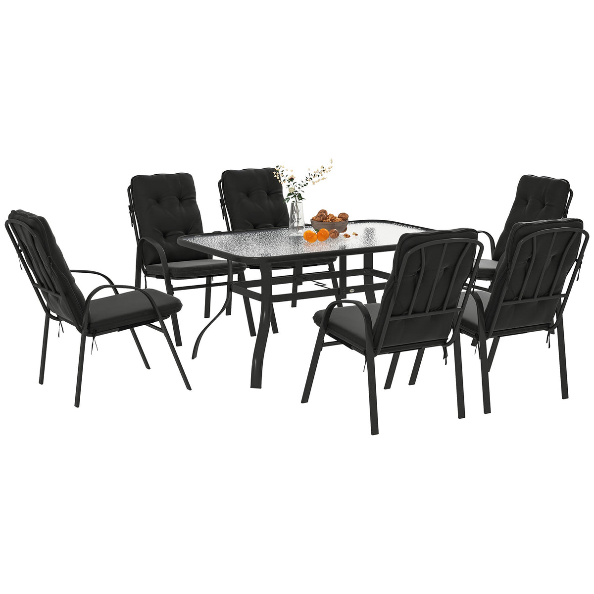 7 Piece Garden Dining Set with Glass Top Table & 6 Cushioned Chairs, Black — product view 1