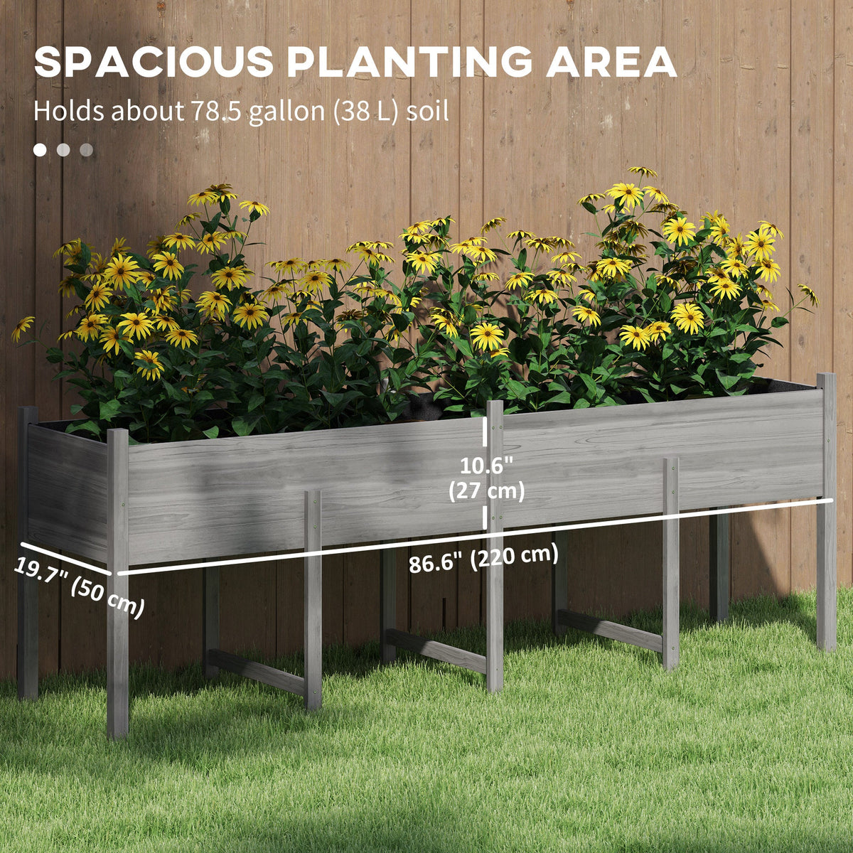 Wooden Raised Garden Bed with Liner, Legs and Drain Holes, Grey — product view 6