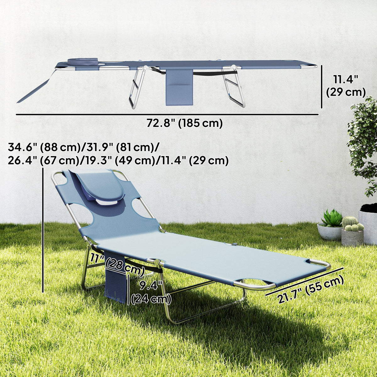 Folding Lounge Chair with Face Hole, Side Pocket and Strap, Grey — product view 5