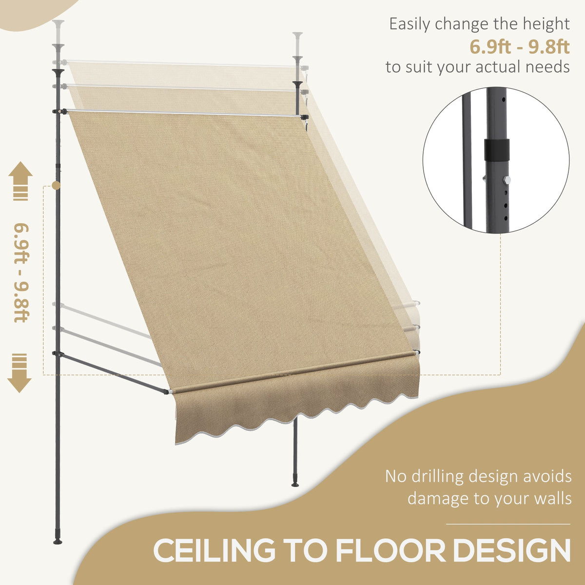 79" Manual Retractable Awning with Support Pole, Beige — product view 6