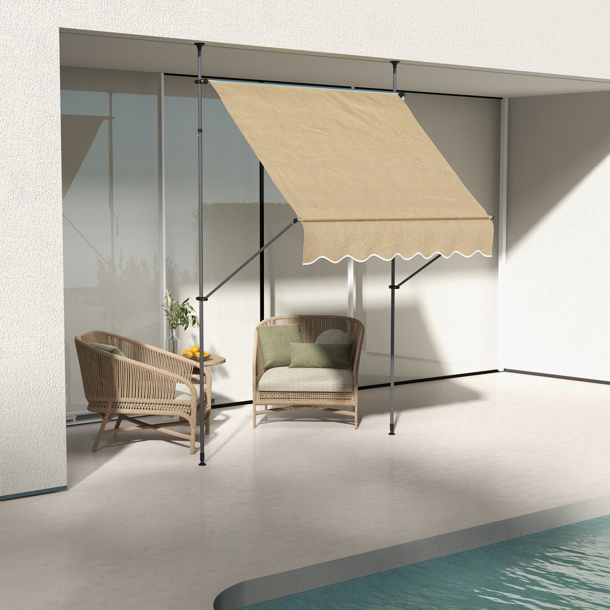 79" Manual Retractable Awning with Support Pole, Beige — product view 3