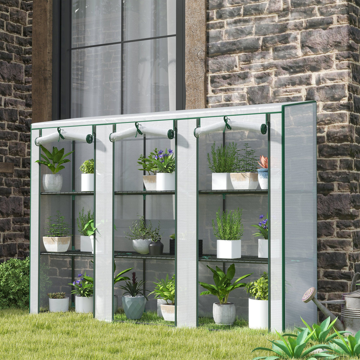 Lean-to Greenhouse 84.6" x 18.1" x 56.7" with 3 Shelves & 3 Rollup Doors, White — product view 4