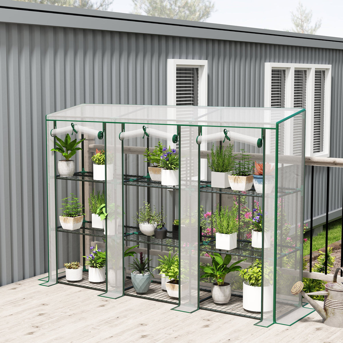 Lean-to Greenhouse 84.6" x 18.1" x 56.7" with 3 Shelves & 3 Rollup Doors, White — product view 3