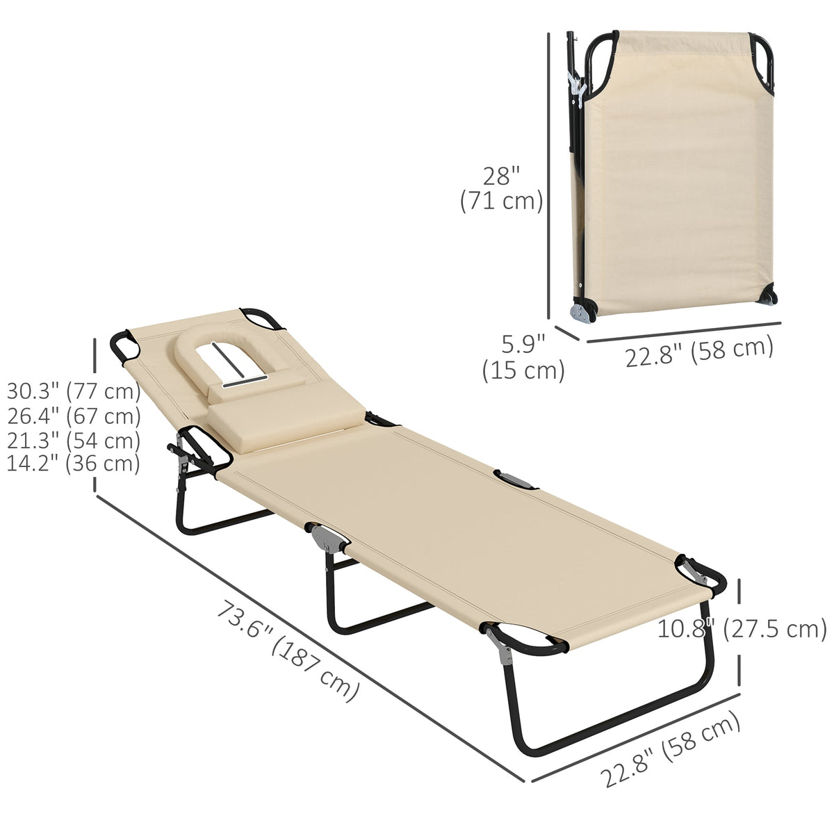 2pcs Adjustable Outdoor Lounge Chairs with Face Hole, Beige — product view 5
