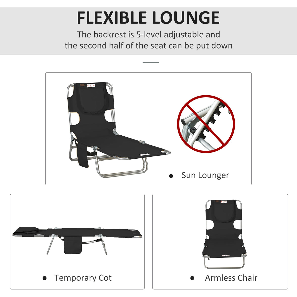 Folding Lounge Chair with Face Hole, Side Pocket and Strap, Black — product view 6
