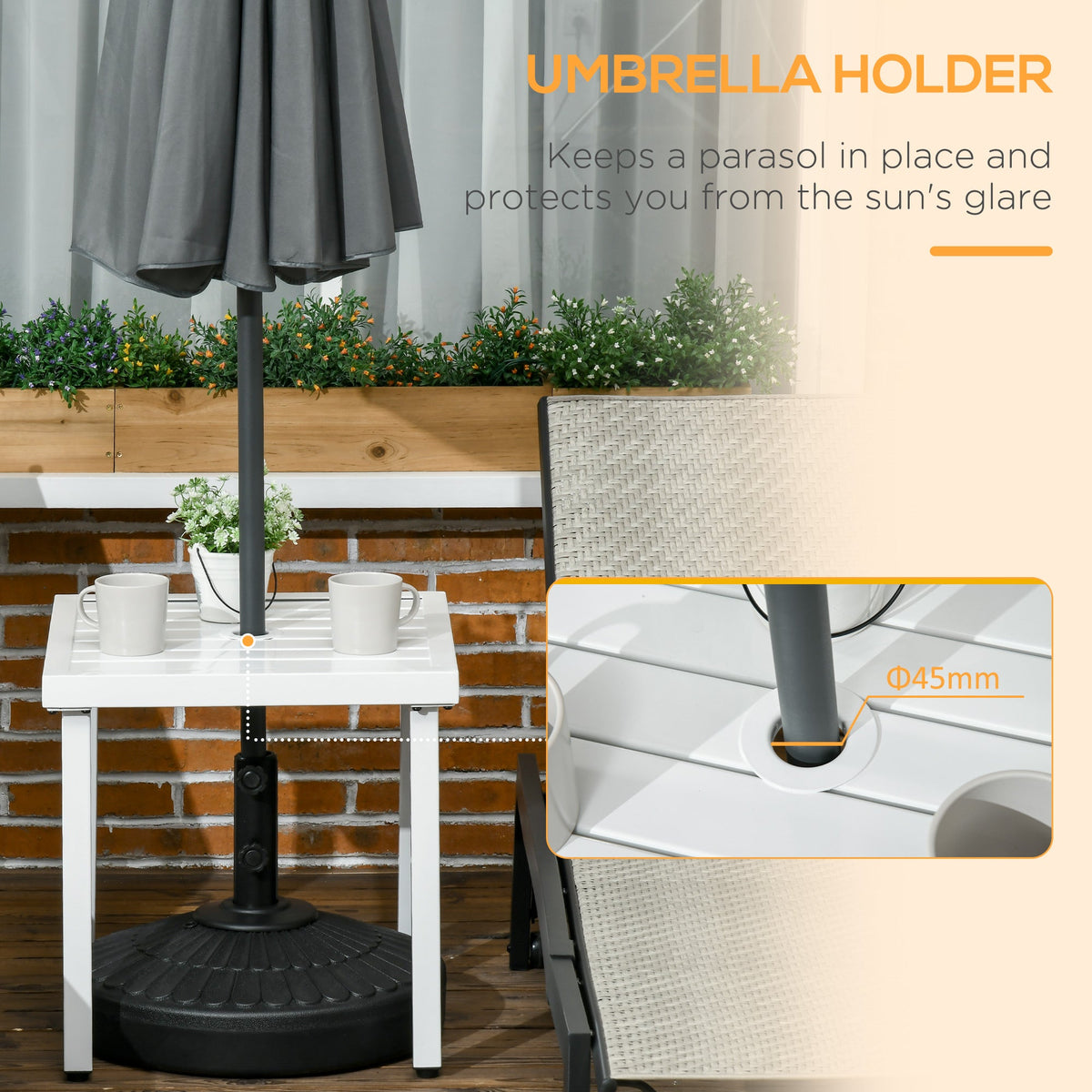 51 x 51 cm Garden Side Table with Umbrella Hole, White — product view 6
