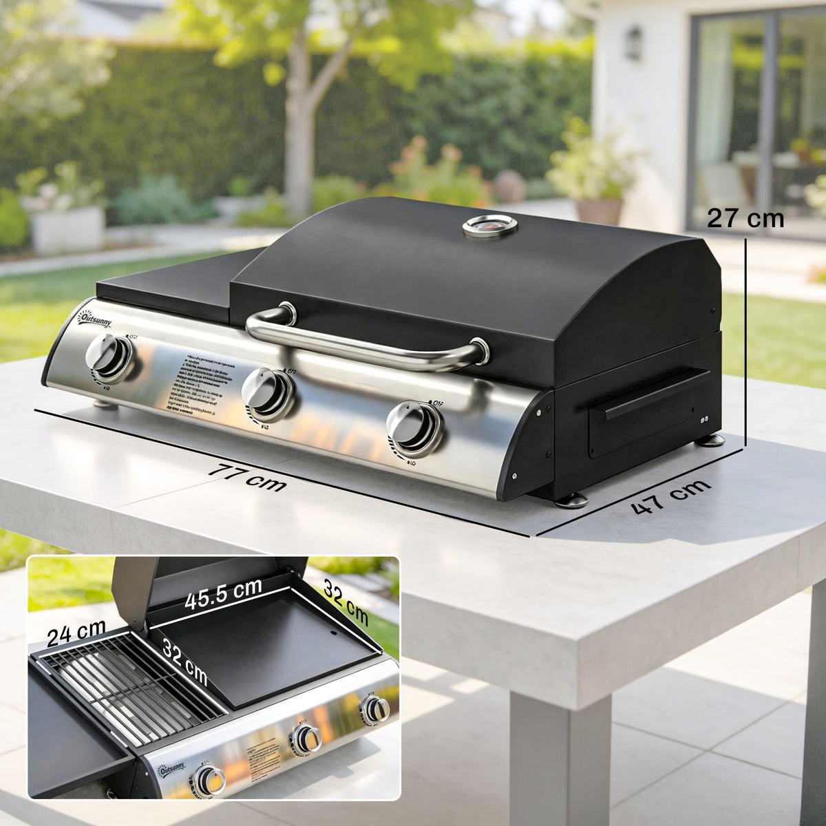 3-Burner Portable Gas Plancha Grill 8.1 kW with Griddle & Side Shelf, Black — product view 5