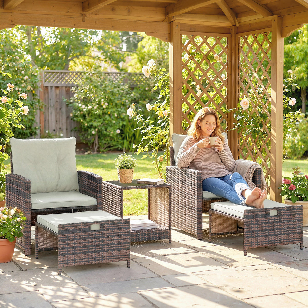 5-Piece Wicker Patio Set with Ottomans & 2-Tier Glass Coffee Table, Brown/Cream — product view 3