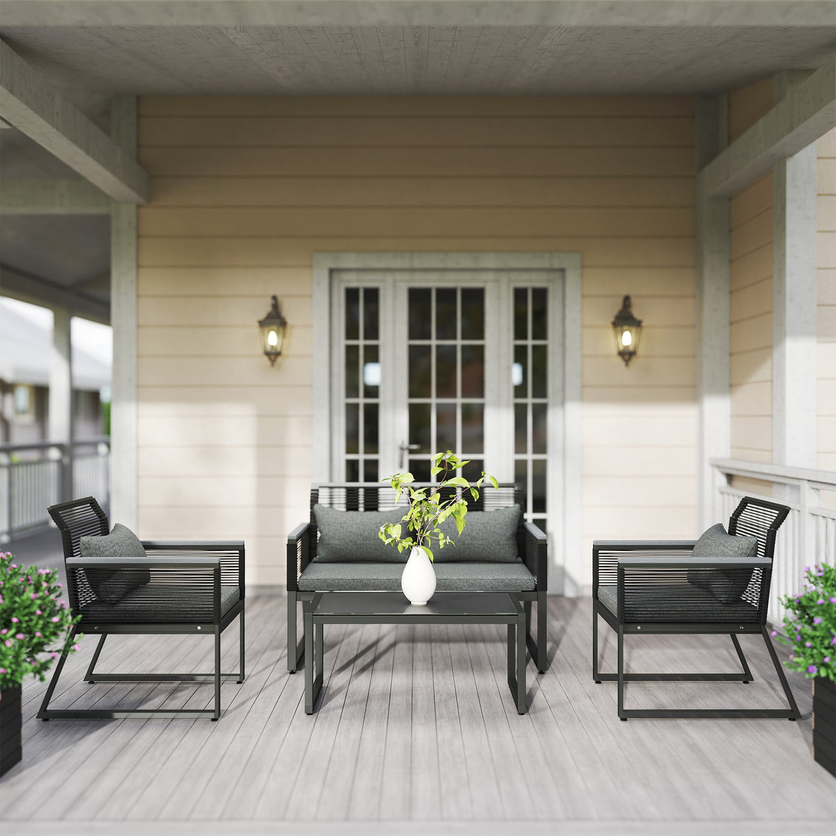 ARVOYA 4 Piece Rattan Garden Furniture Set with Cushions & Glass Top Table, Charcoal Grey — product view 4