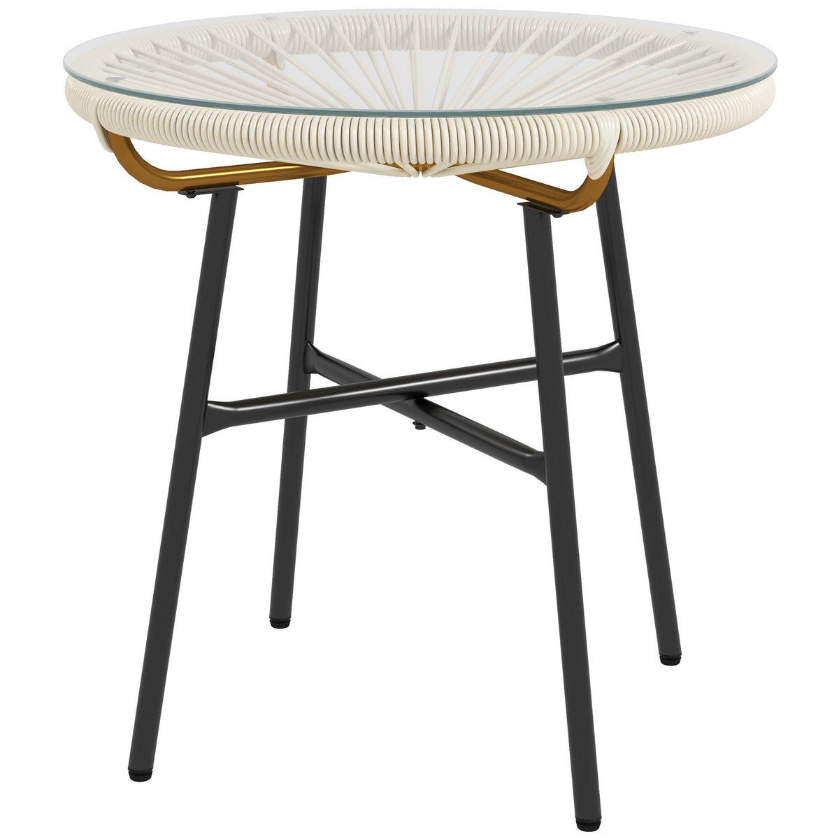 Round Rattan Side Table with Tempered Glass Top, Cream White — product view 2