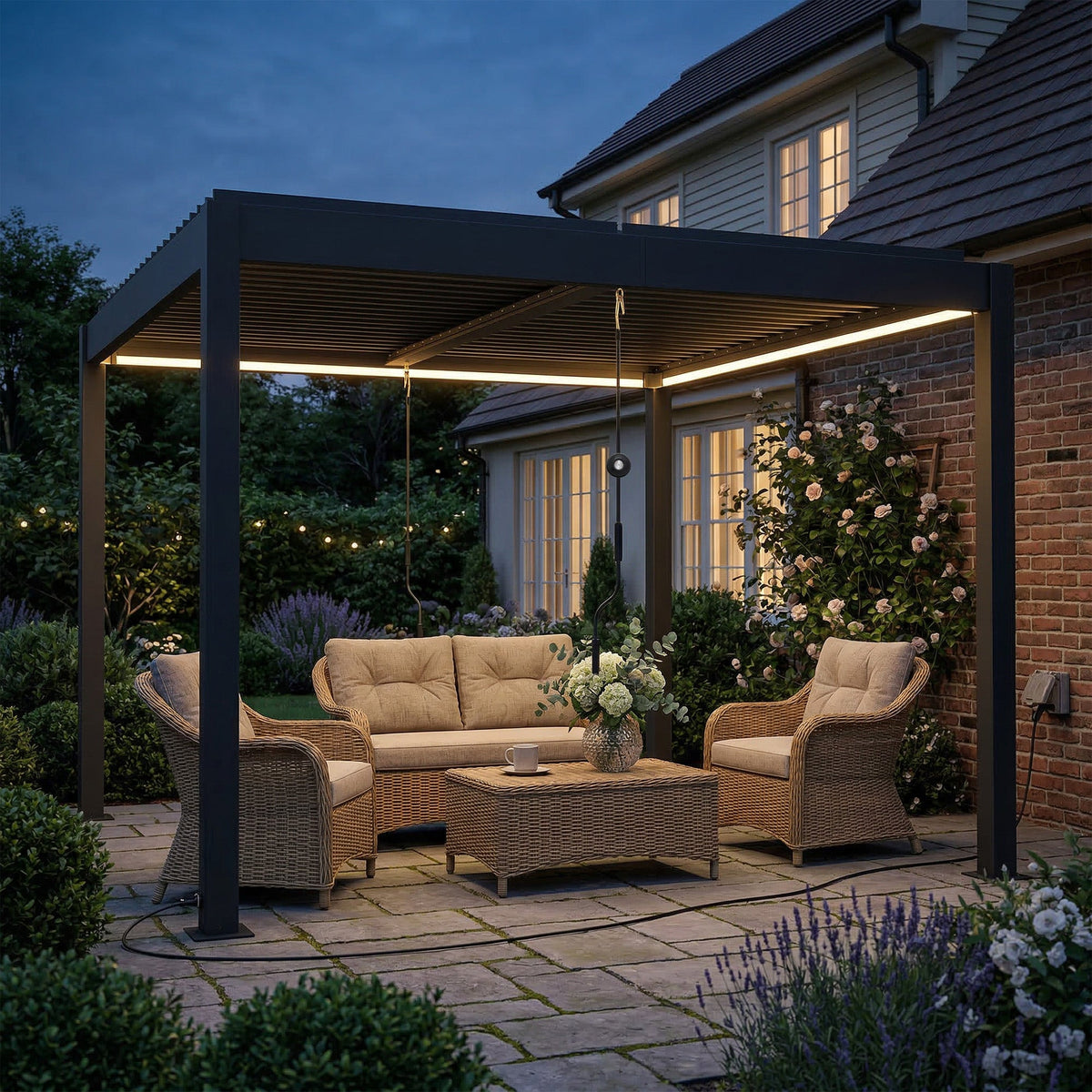 Louvered Pergola 3 x 3 m Dark Grey with Adjustable Roof, LED Lights & Remote — product view 3