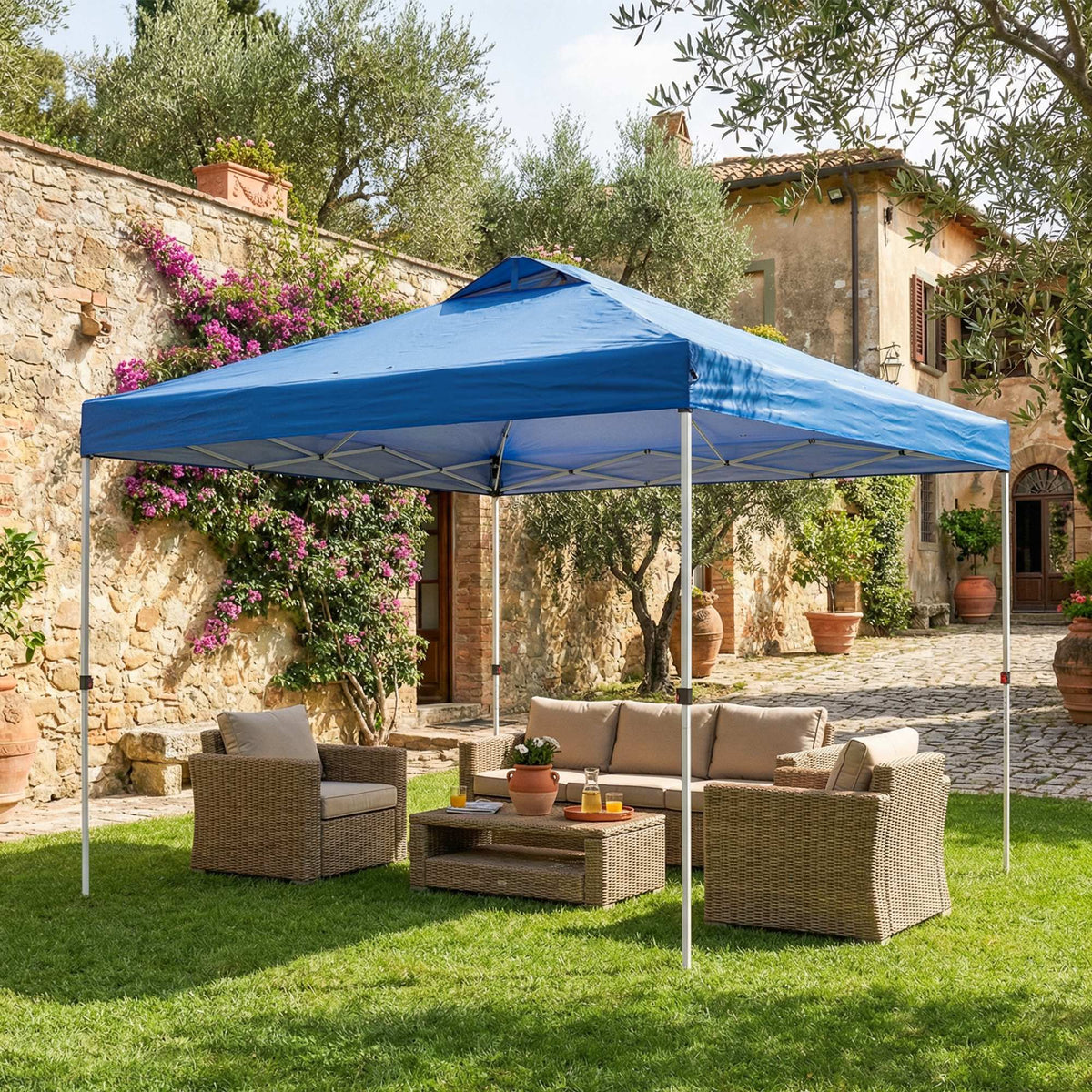 9.8' x 9.8' Pop-Up Canopy with Carrying Bag, Stakes and Ropes, Blue — product view 4