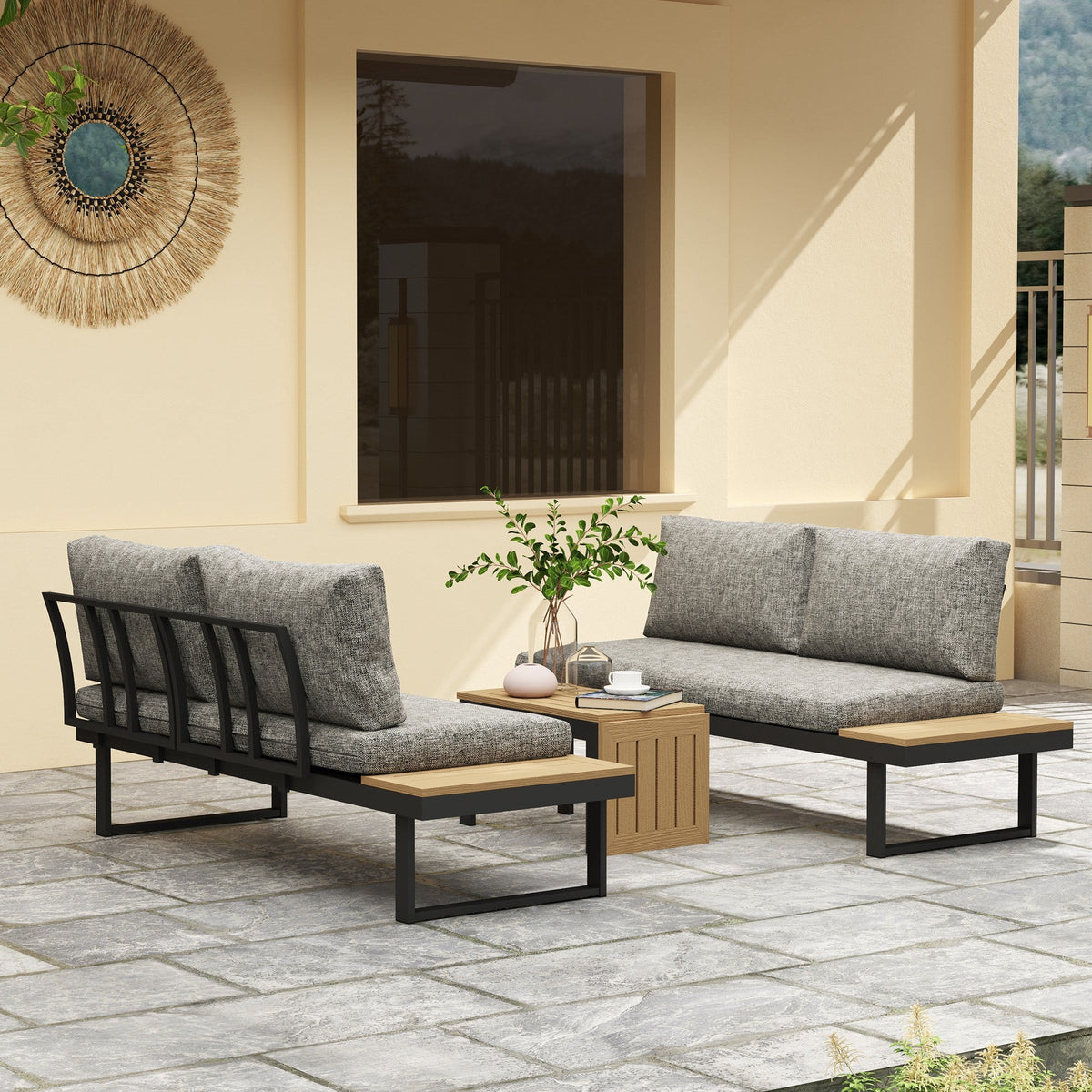 3pc Sectional Patio Set with 2 Loveseats and WPC Table, Light Grey — product view 3