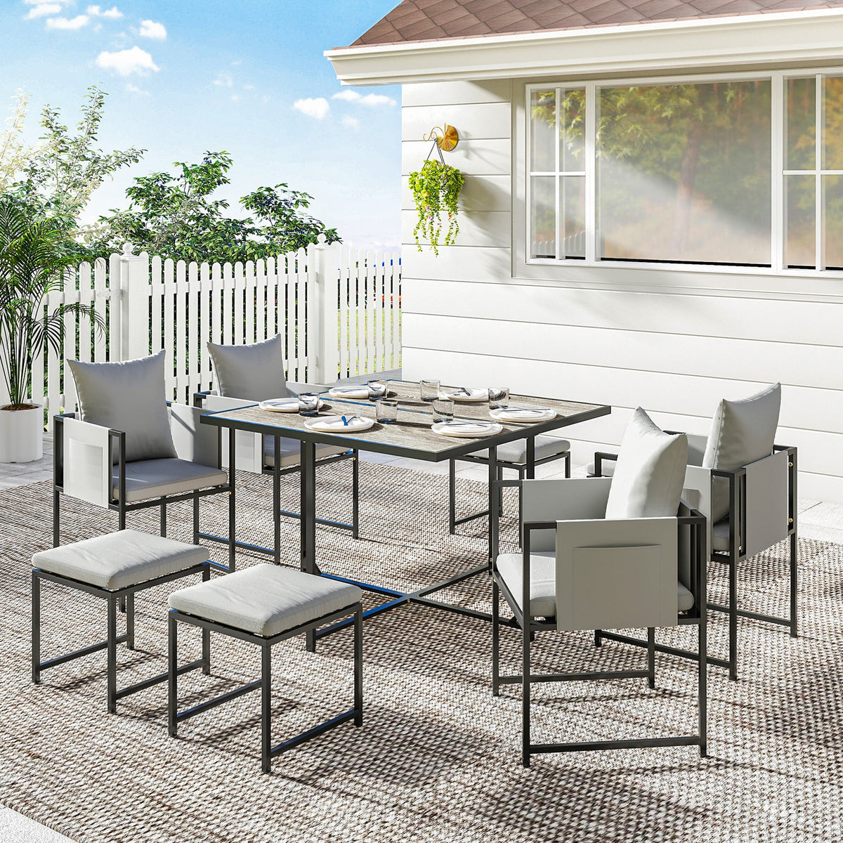 9 Piece Cube Garden Dining Set with 8 Seats, 4 Stools & Cushions, Dark Grey — product view 4