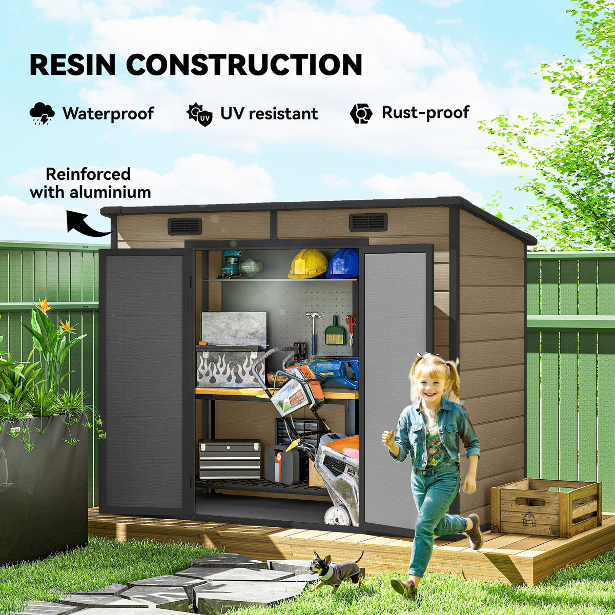EverBase 8' x 4' Outdoor Storage Shed with Window, Lockable Doors and Vents, Light Brown — product view 6