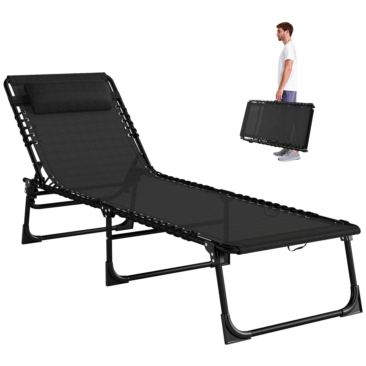 Folding Chaise Lounge Chair with 4-Position Reclining Back & Breathable Mesh Seat, Black — product view 1
