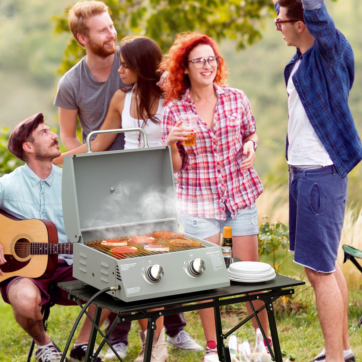 2 Burner Portable Propane Gas Grill with Foldable Legs, Silver — product view 3