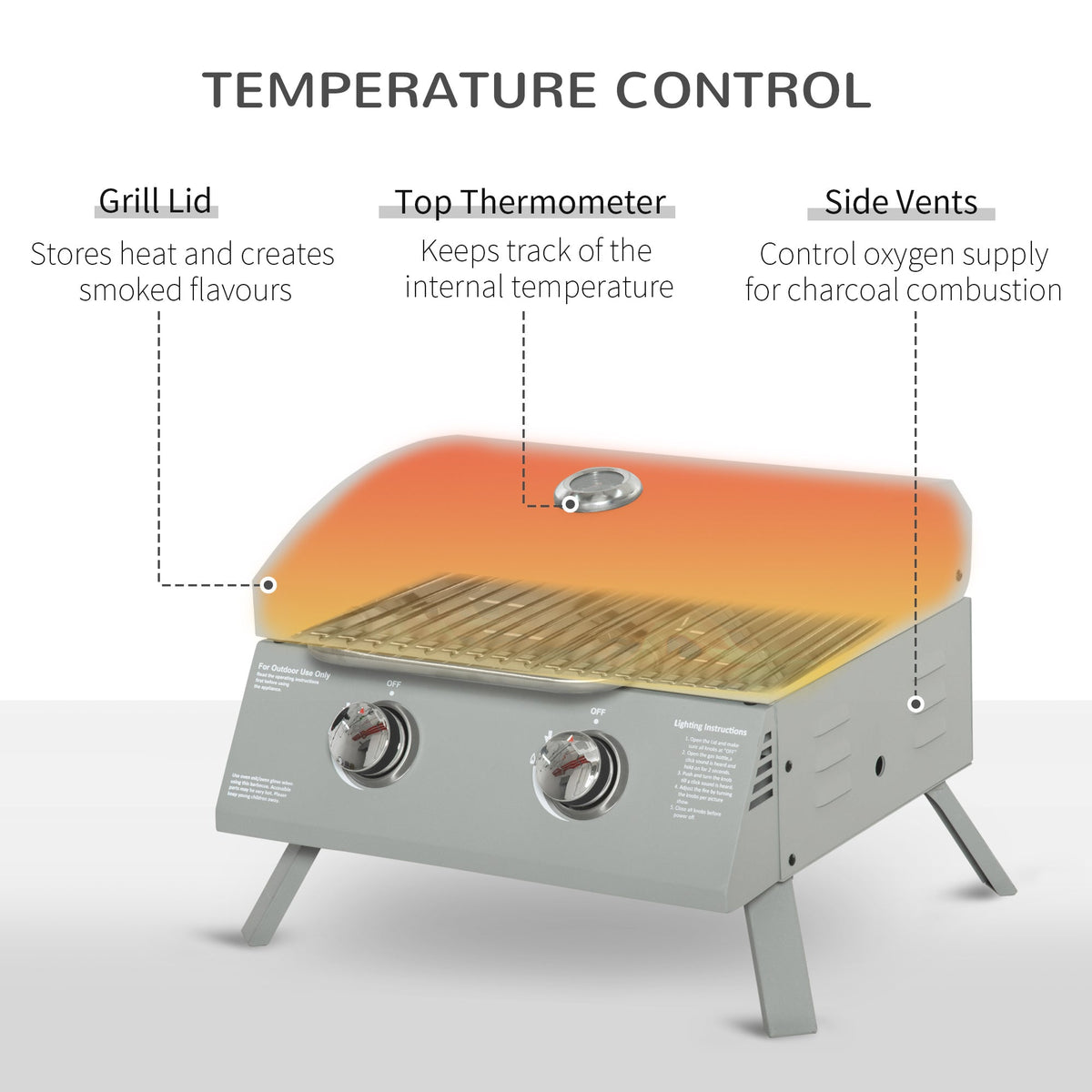 2 Burner Portable Propane Gas Grill with Foldable Legs, Silver — product view 6
