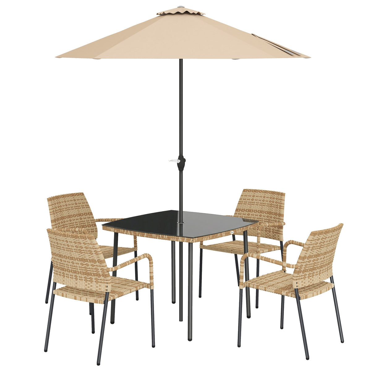 4-Seater Light Brown Rattan Dining Set with Parasol, Glass Top & Stacking Chairs — product view 1