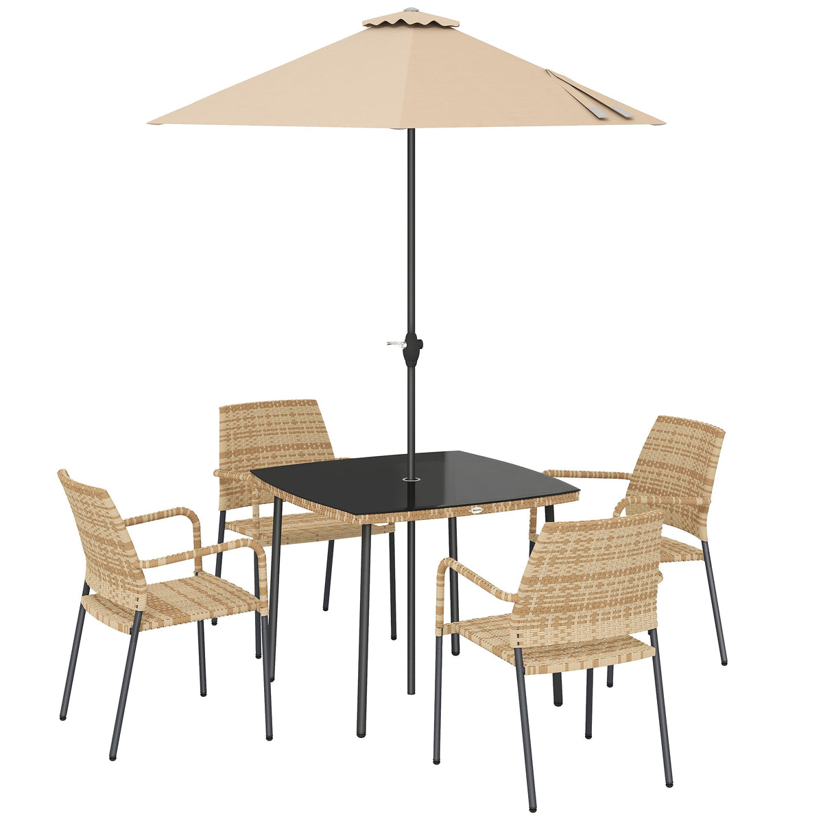 4-Seater Light Brown Rattan Dining Set with Parasol, Glass Top & Stacking Chairs — product view 2