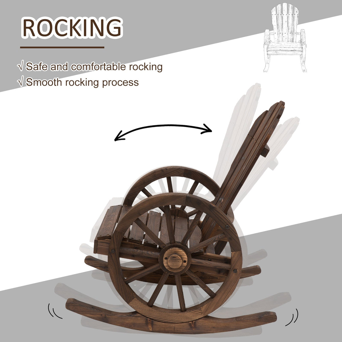 Wooden Adirondack Rocking Chair Reclining Armchair for Garden, Patio and Porch, Carbonized — product view 6