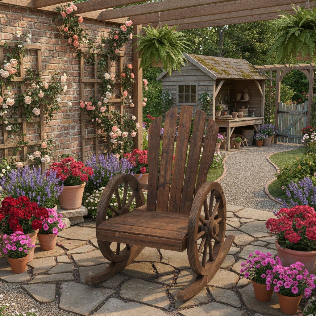 Wooden Adirondack Rocking Chair Reclining Armchair for Garden, Patio and Porch, Carbonized — product view 3