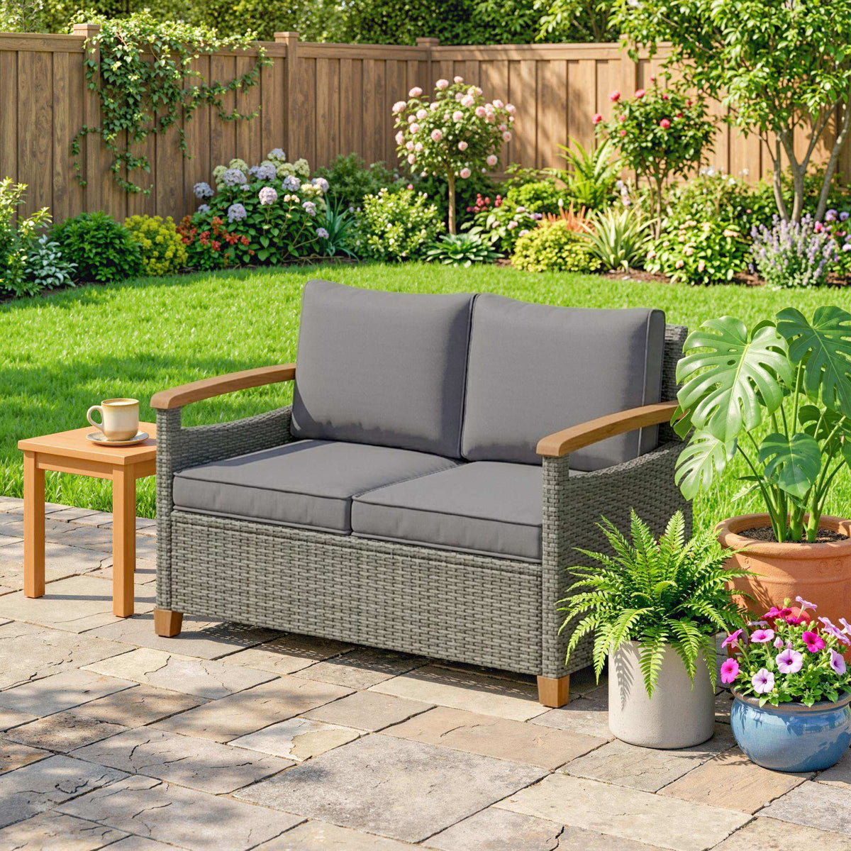 2-Seater Rattan Loveseat with Thick Cushions & Acacia Armrests, Dark Grey — product view 4