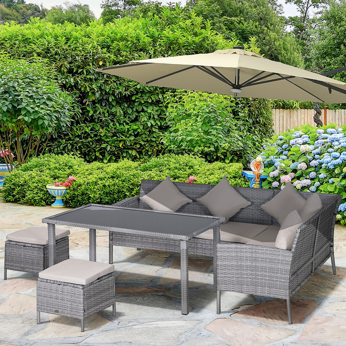 5 Piece Rattan Garden Furniture Set, 6 Seater Corner Dining Set, Beige — product view 3
