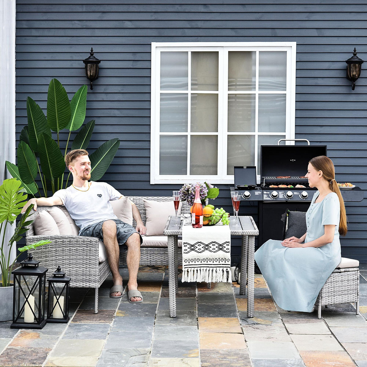 5 Piece Rattan Garden Furniture Set, 6 Seater Corner Dining Set, Beige — product view 4