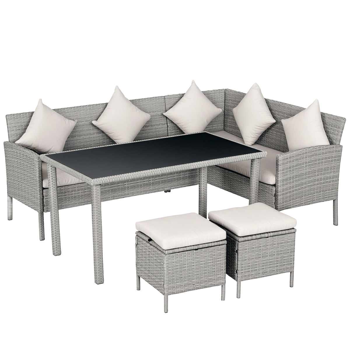 5 Piece Rattan Garden Furniture Set, 6 Seater Corner Dining Set, Beige — product view 1