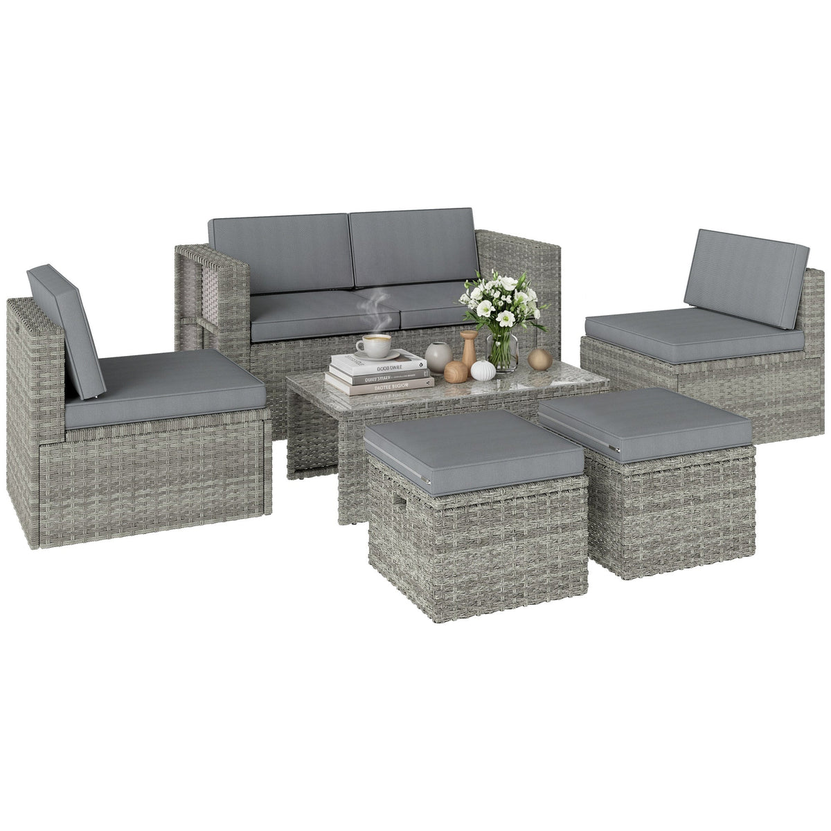6 Piece Rattan Nesting Patio Set with Loveseat and Footstools, Dark Grey — product view 1