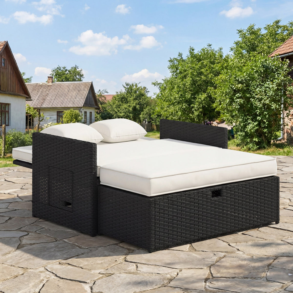 Rattan Garden Daybed with Ottoman, Retractable Trays & Cushions, Cream White — product view 4