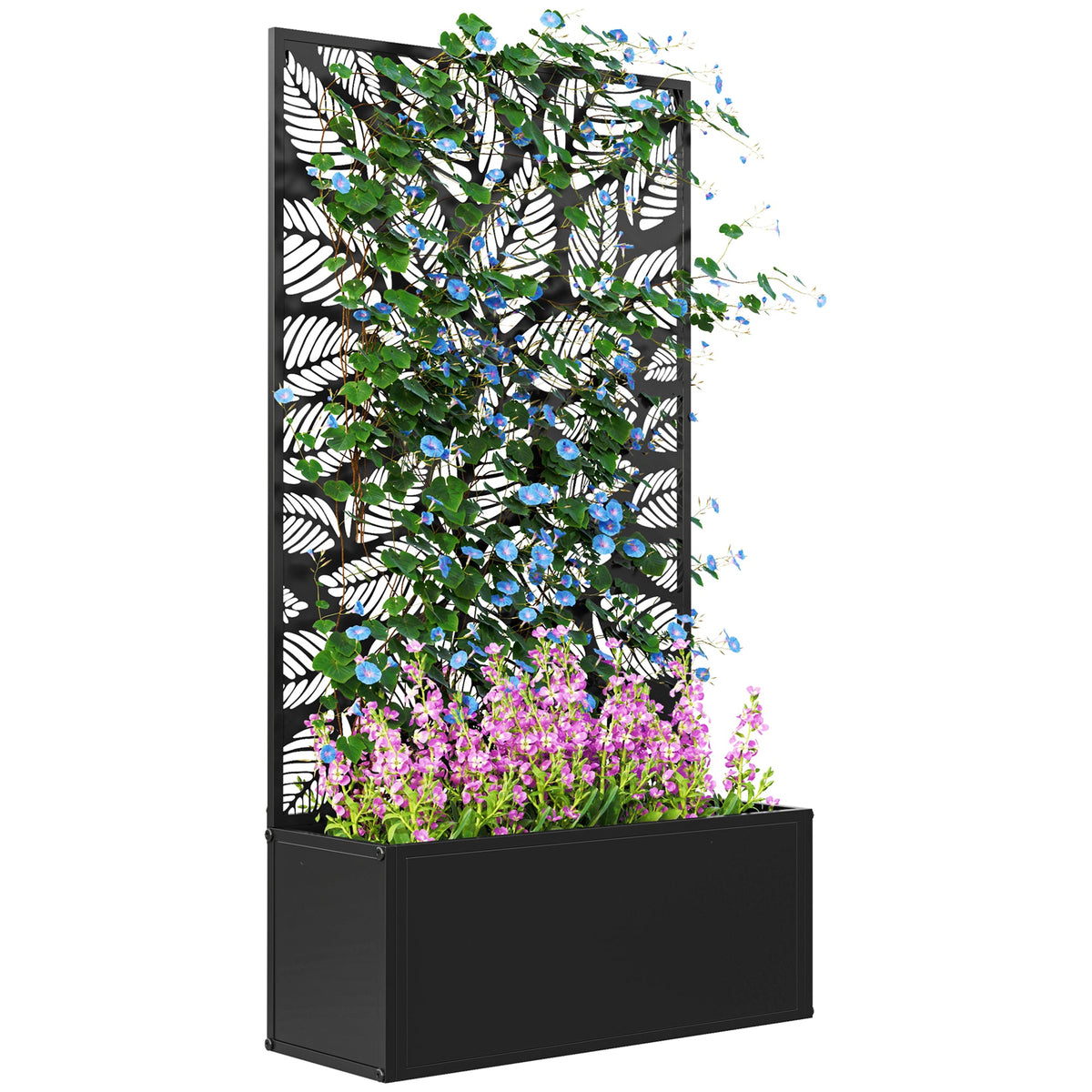 Metal Raised Garden Bed with Trellis Privacy Panel, Small Leaves Cut-Out — product view 1