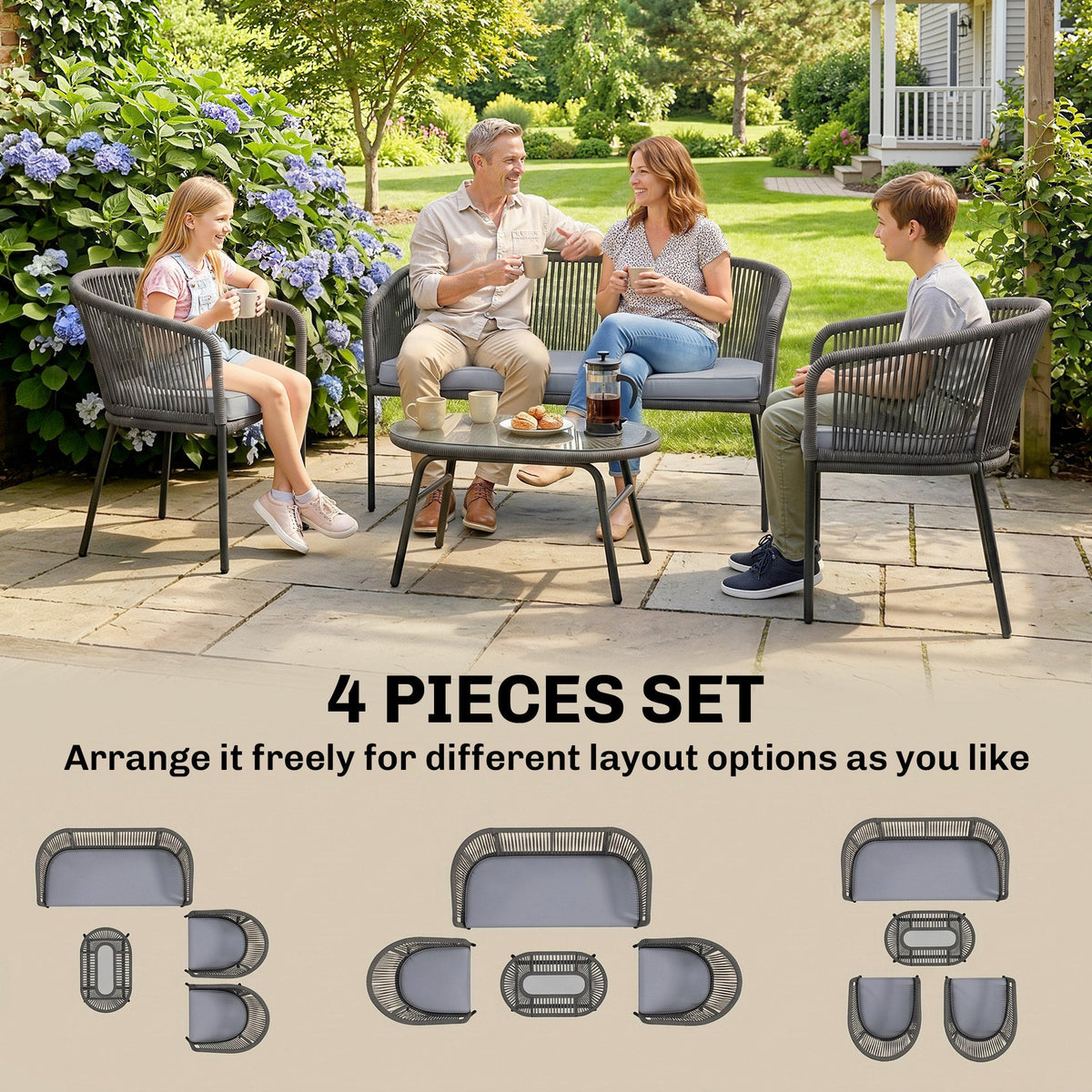 ARVOYA 4-Piece Rope Sofa Set with Loveseat, 2 Chairs & Tempered Glass Table, Dark Grey — product view 7