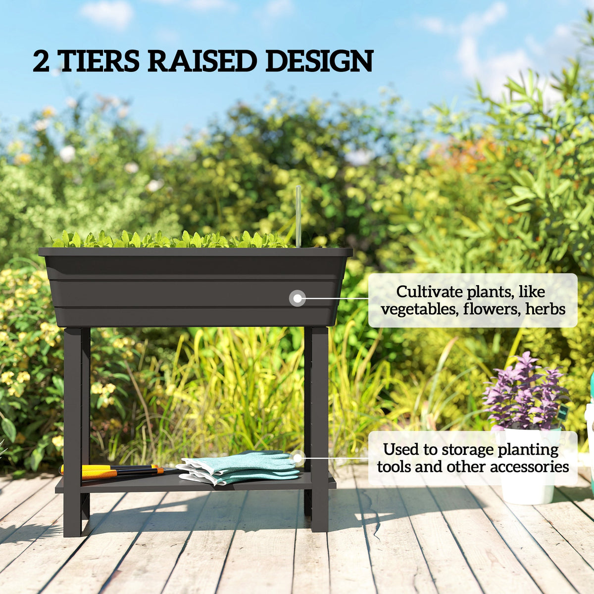 41L Self-Watering Raised Garden Bed with Lid and Shelf, Black — product view 6
