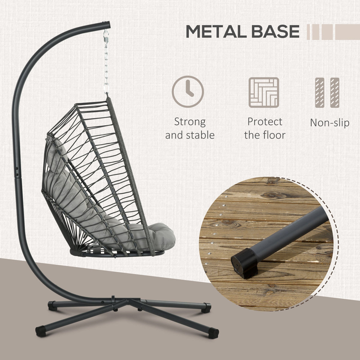 Rattan Hanging Egg Chair with Metal Stand, Foldable Basket & Cushion, Light Grey — product view 7