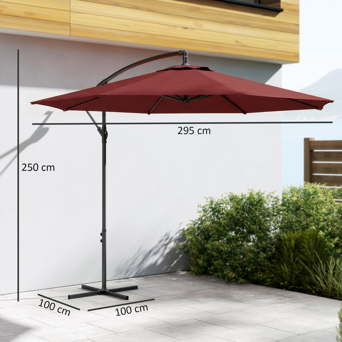 3 m Banana Parasol with Crank Handle, 8 Ribs & Cross Base, Wine Red — product view 5