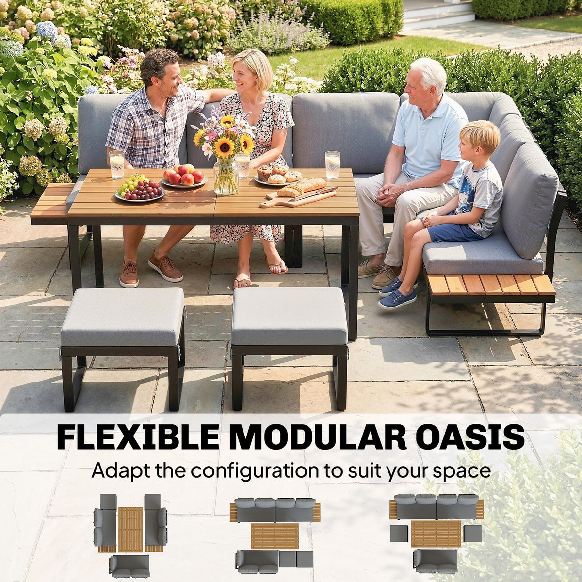 FlexNook 6-Piece Corner Sofa Set for 6-8, Aluminium Frame with Cushions, Grey — product view 6