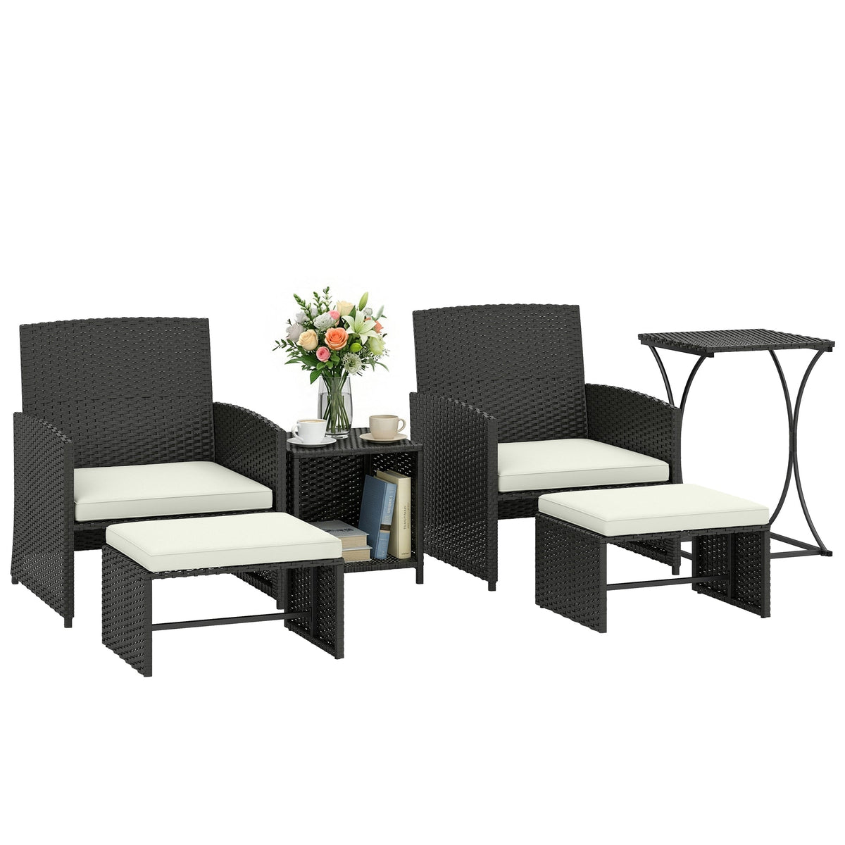 6 Piece Rattan Garden Furniture Set with 2 Nesting Tables, Black — product view 1