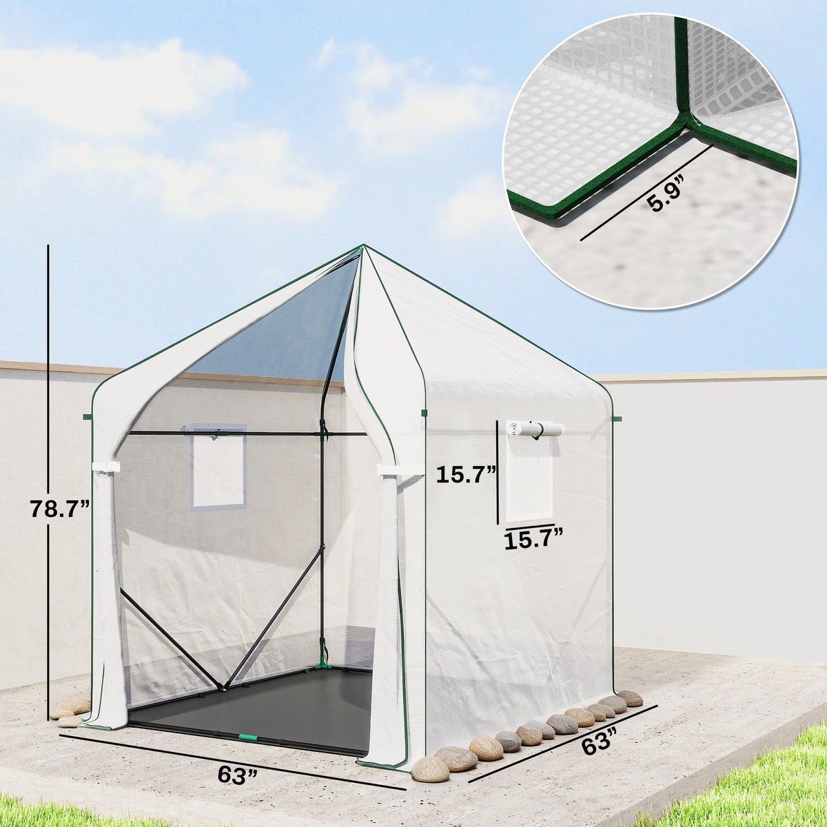 63" x 63" x 78.7" Mini Walk-in Greenhouse with PE Cover, Roll-up Door & 3 Mesh Windows, White — product view 5