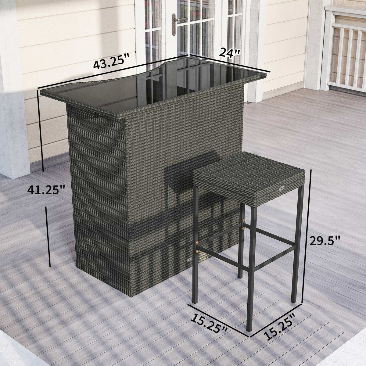 5 Piece Outdoor Wicker Bar Set with Glass Top Table and 4 Stools, Dark Gray — product view 5