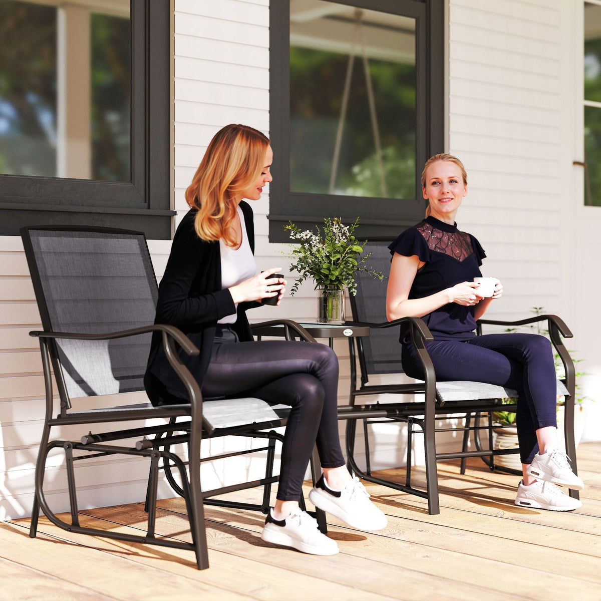 Double Patio Glider Chair with Glass Top Center Table, All Weather Breathable Mesh Fabric, Grey — product view 3