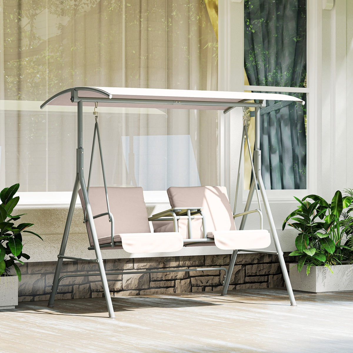 2-Person Porch Swing with Stand and Pivot Table, Beige — product view 3
