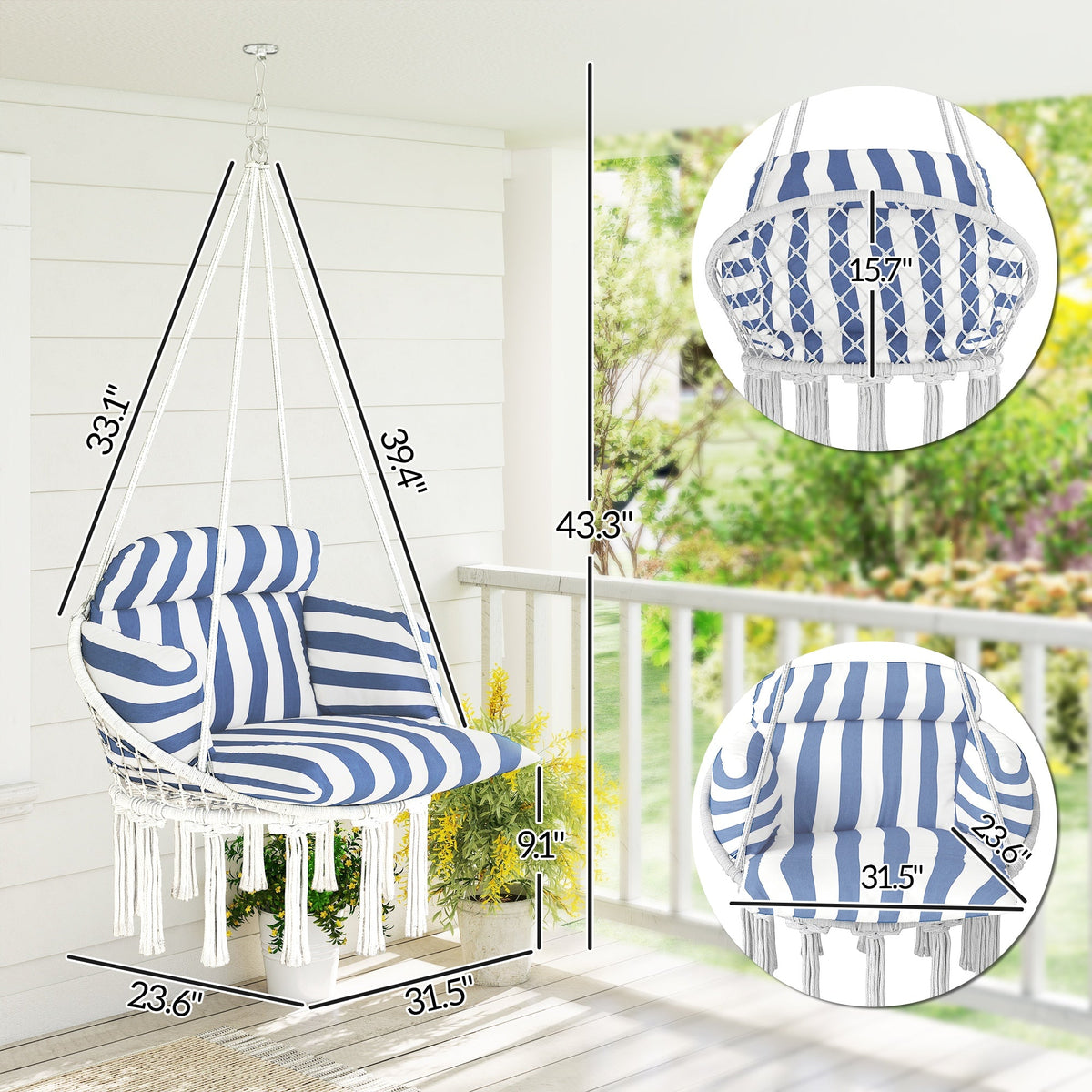 Macrame Hammock Swing Chair with Cushion, Blue and White — product view 5