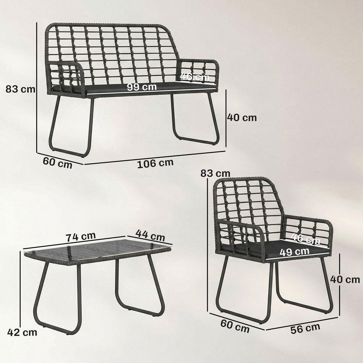 4 Piece Rattan Garden Furniture Set with Loveseat and Coffee Table, Black — product view 5