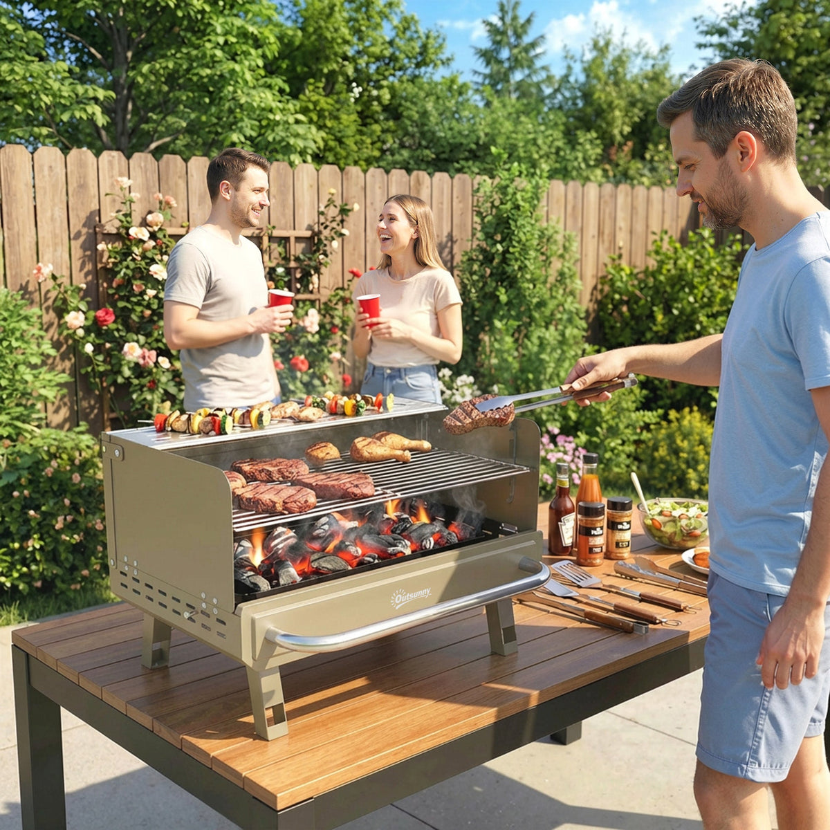 Portable Charcoal BBQ Grill with Adjustable Grates and Side Shelf, Khaki — product view 3